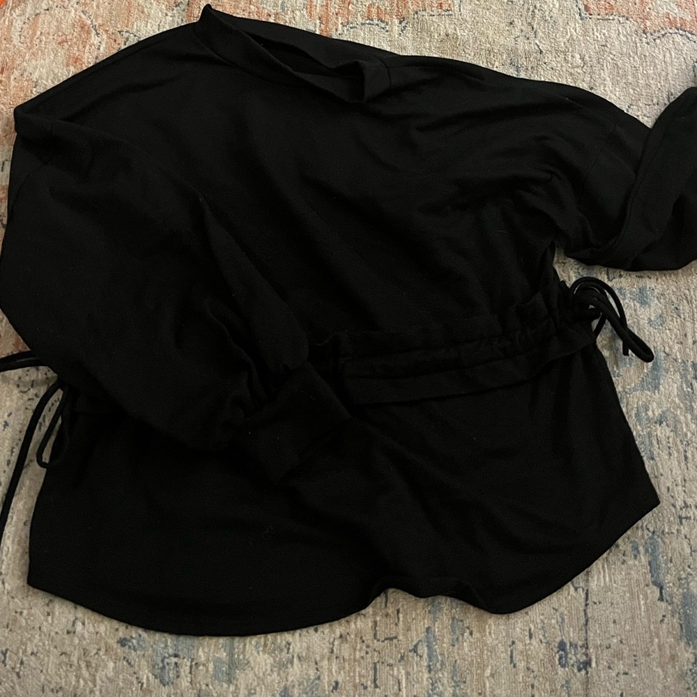 Cropped Black Mock Neck Sweater • Balloon Sleeve • Bunched Waist • XL